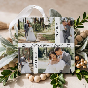 First Christmas Married Photo Collage Wedding Metal Ornament