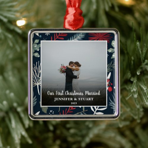 First Christmas married photo couple holiday Metal Ornament