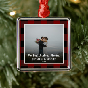 First Christmas married photo couple holiday Metal Ornament