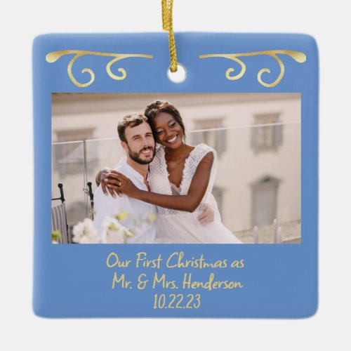 First Christmas Married Photo Dusty Blue Gold Ceramic Ornament