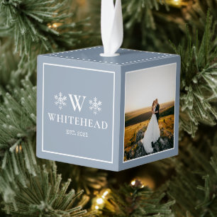 First Christmas Married Photo Dusty Blue Snowflake Cube Ornament