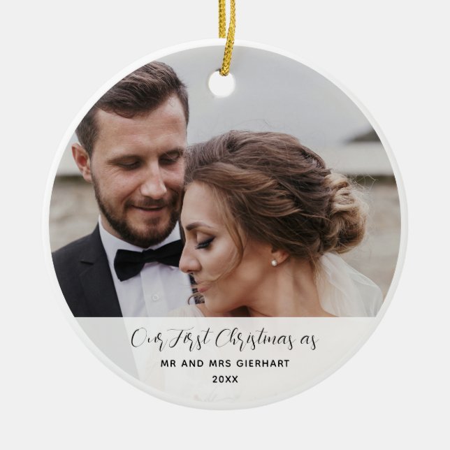 First Christmas Married Photo Elegant Keepsake Ceramic Ornament (Front)