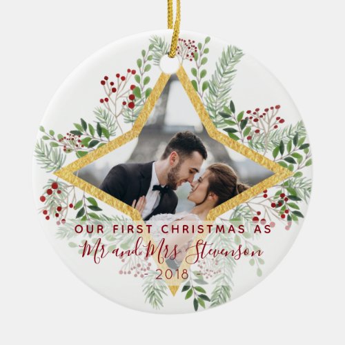First Christmas Married Photo Gift Ceramic Ornament