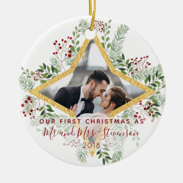 First Christmas Married Photo Gift Ceramic Ornament (Front)