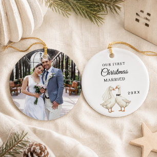 First Christmas Married photo Goose Couple Ceramic Ornament