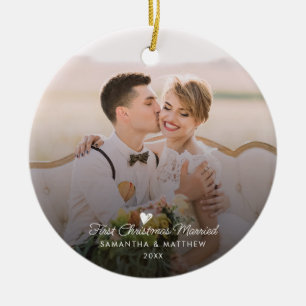 First Christmas Married Photo Holidays Ceramic Ornament