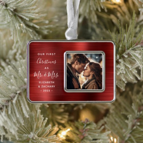 First Christmas Married Photo Red Brushed Metal Christmas Ornament