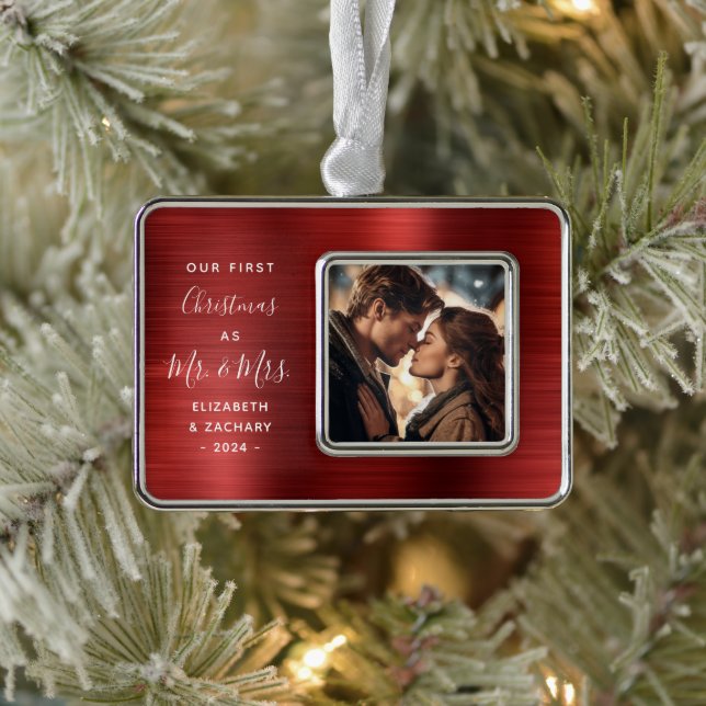 First Christmas Married Photo Red Brushed Metal Ornament (Tree)