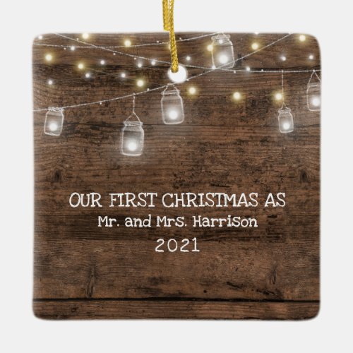 First Christmas Married Photo Rustic String Lights Ceramic Ornament