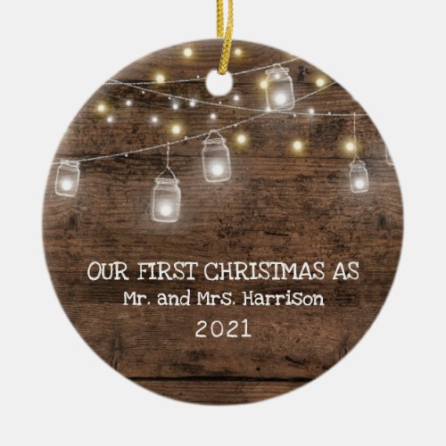First Christmas Married Photo Rustic String Lights Ceramic Ornament