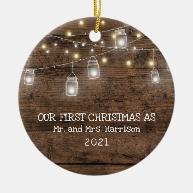 First Christmas Married Photo Rustic String Lights Ceramic Ornament (Front)