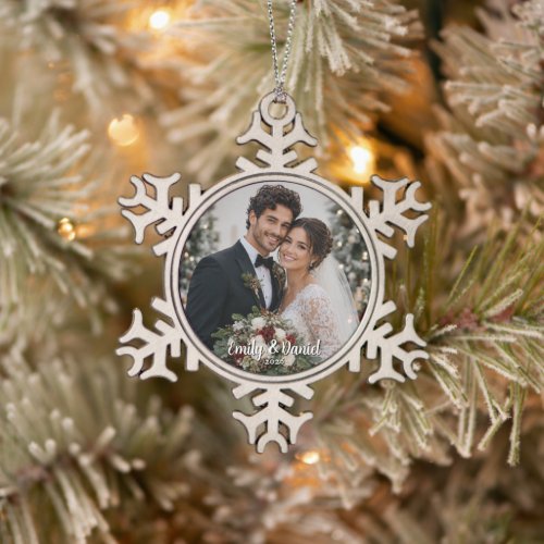 First Christmas Married Photo Snowflake Pewter Ornament