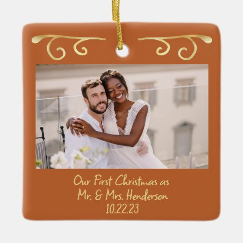 First Christmas Married Photo Terracotta Gold Ceramic Ornament