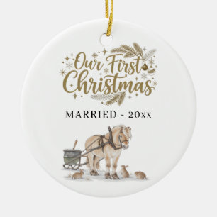 First Christmas Married Photo Winter Horse Ceramic Ornament