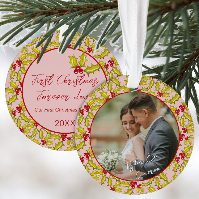 First Christmas Married Pink Red Fun Couples Photo Ornament (Creator Uploaded)