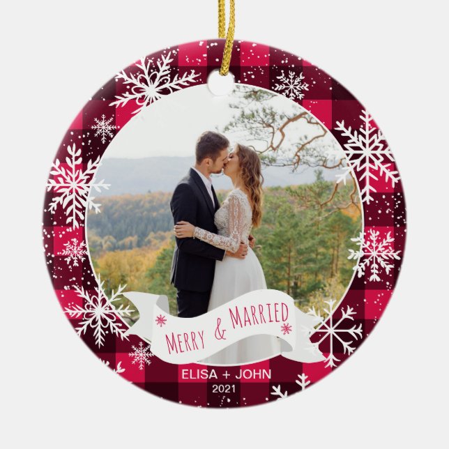 First Christmas married plaid 2 photos snowflakes Ceramic Ornament (Front)