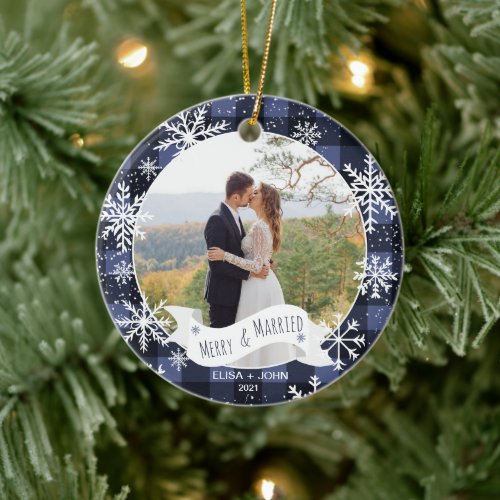First Christmas married plaid 2 photos snowflakes Ceramic Ornament