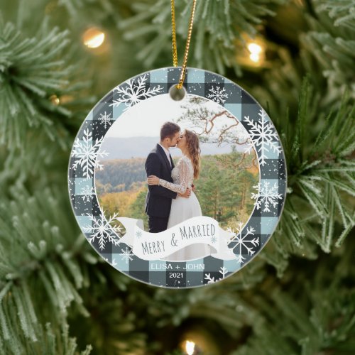 First Christmas married plaid 2 photos snowflakes Ceramic Ornament