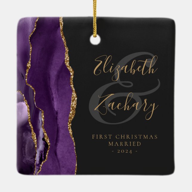 First Christmas Married Purple Agate Gold Script Ceramic Ornament (Back)