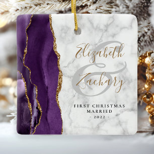 First Christmas Married Purple Agate Marble Gold Ceramic Ornament