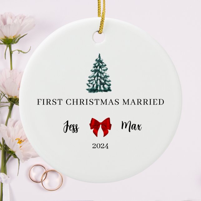 First Christmas Married Red Bow Coquette Keepsake Ceramic Ornament (First Christmas Married Red Bow Coquette Keepsake Ceramic Ornament)