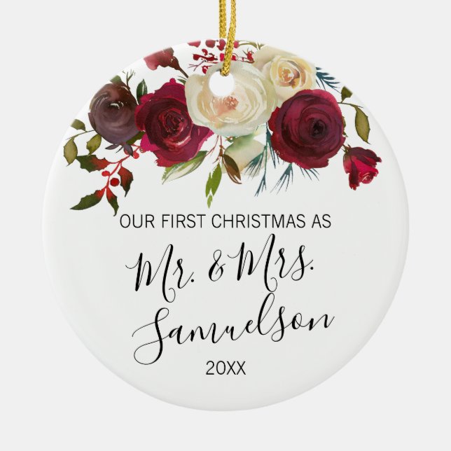First Christmas Married Red Holly Watercolor Ceramic Ornament (Front)
