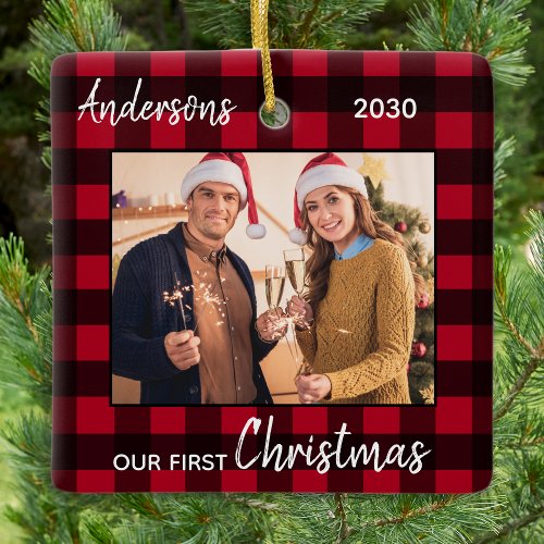 First Christmas Married Red Plaid Couple Photo Ceramic Ornament