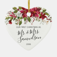 First Christmas Married Red Poinsettia Watercolor Ceramic Ornament
