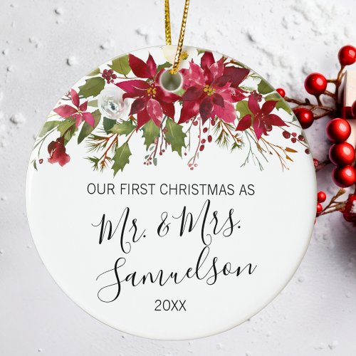 First Christmas Married Red Poinsettia Watercolor Ceramic Ornament