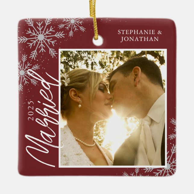 First Christmas Married Red Snowflakes Photo Ceramic Ornament (Front)