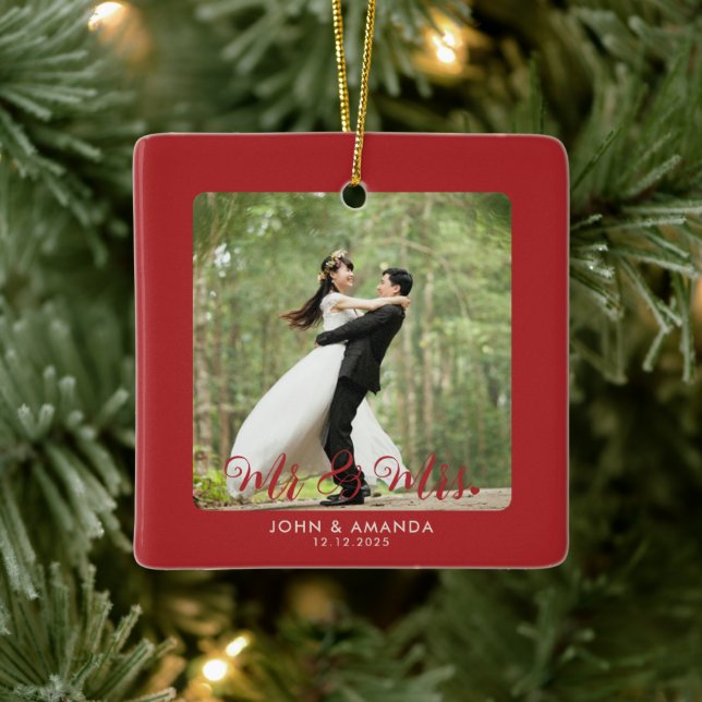 First Christmas Married Retro Mr and Mrs Photo Ceramic Ornament (Tree)