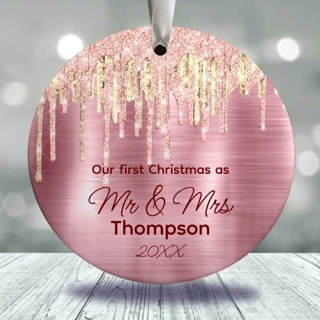 First Christmas married rose blush gold drips Ceramic Ornament (Creator Uploaded)