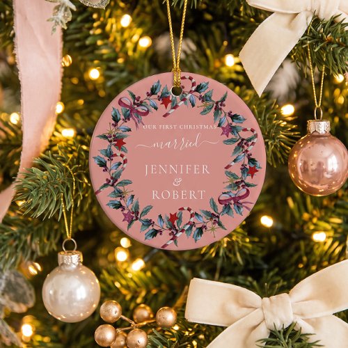 First Christmas Married Rose Wreath Ceramic Ornament