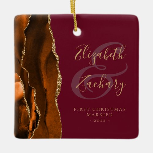 First Christmas Married Rust Agate Burgundy Gold Ceramic Ornament