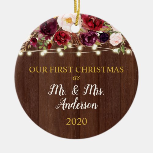 First Christmas Married Rustic Burgundy and Wood Ceramic Ornament