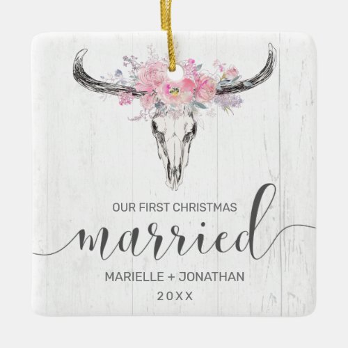 First Christmas Married Rustic Cow Skull Photo Ceramic Ornament
