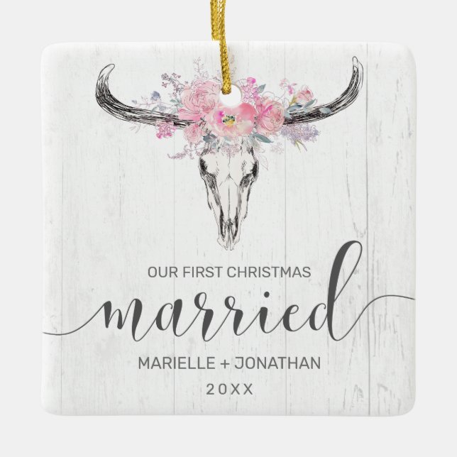 First Christmas Married Rustic Cow Skull Photo Ceramic Ornament (Front)