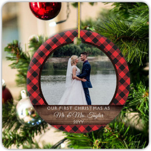 First Christmas Married Rustic Mr. Mrs. PHOTO Ceramic Ornament