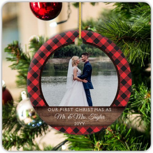 First Christmas Married Rustic Mr Mrs PHOTO Ceramic Ornament