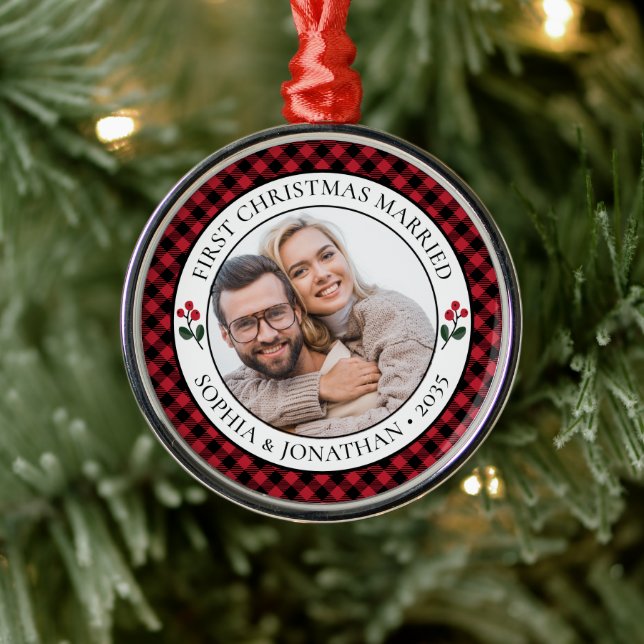 First Christmas Married Rustic Red Check Photo Metal Ornament (Tree)