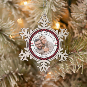 First Christmas Married Rustic Red Check Photo Snowflake Pewter Christmas Ornament