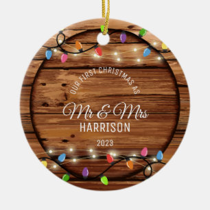 First Christmas Married Rustic String Light Photo Ceramic Ornament