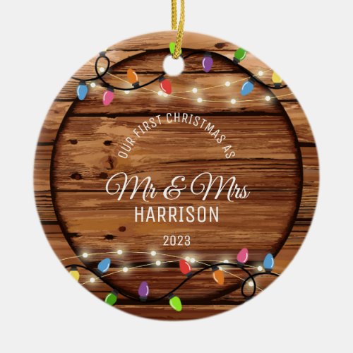 First Christmas Married Rustic String Light Photo Ceramic Ornament
