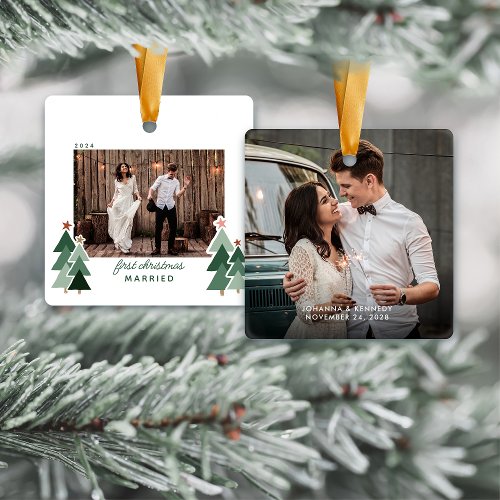 First Christmas Married Rustic Trees Photo Ceramic Ornament