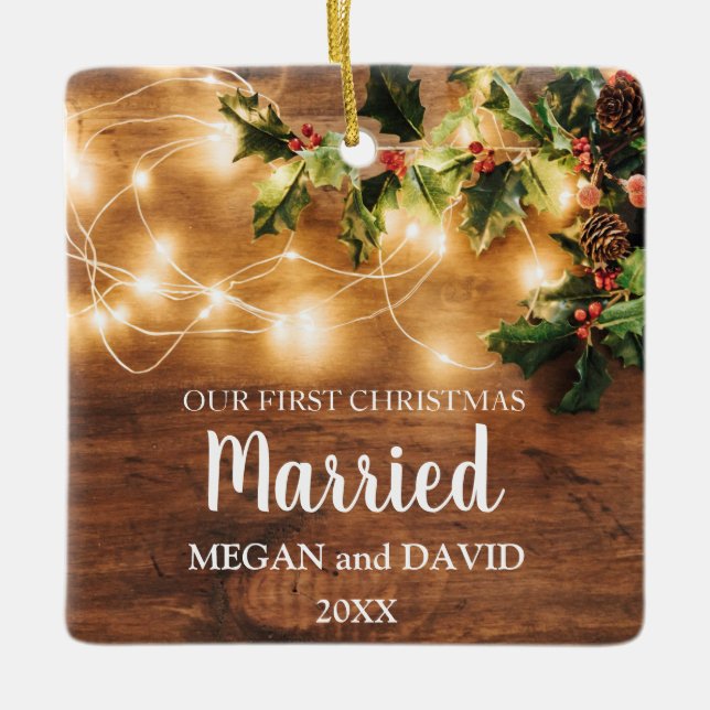 First Christmas married rustic wood and lights Ceramic Ornament (Front)