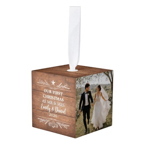 First Christmas Married Rustic Wood Photo Cube Ornament