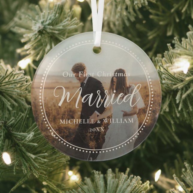 First Christmas Married Script Overlay Photo Glass Ornament (Insitu)