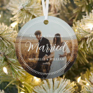 First Christmas Married Script Overlay Photo Metal Ornament