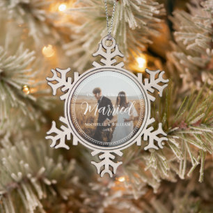 First Christmas Married Script Overlay Photo Snowflake Pewter Christmas Ornament