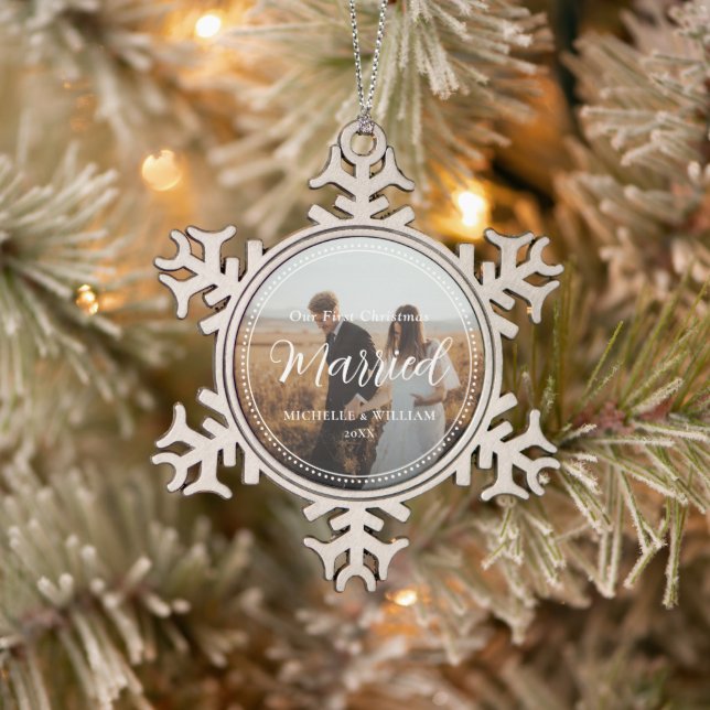 First Christmas Married Script Overlay Photo Snowflake Pewter Christmas Ornament (Tree)